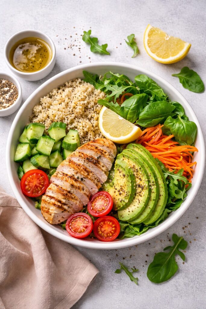 Healthy lunch ideas for weight loss beginners with grilled chicken salad and vegetables