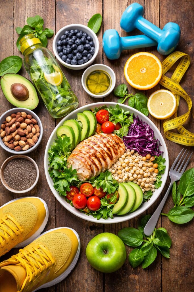 Healthy weight loss tips with balanced meal, grilled chicken, vegetables, citrus fruits and dumbbells for fitness and metabolism support.