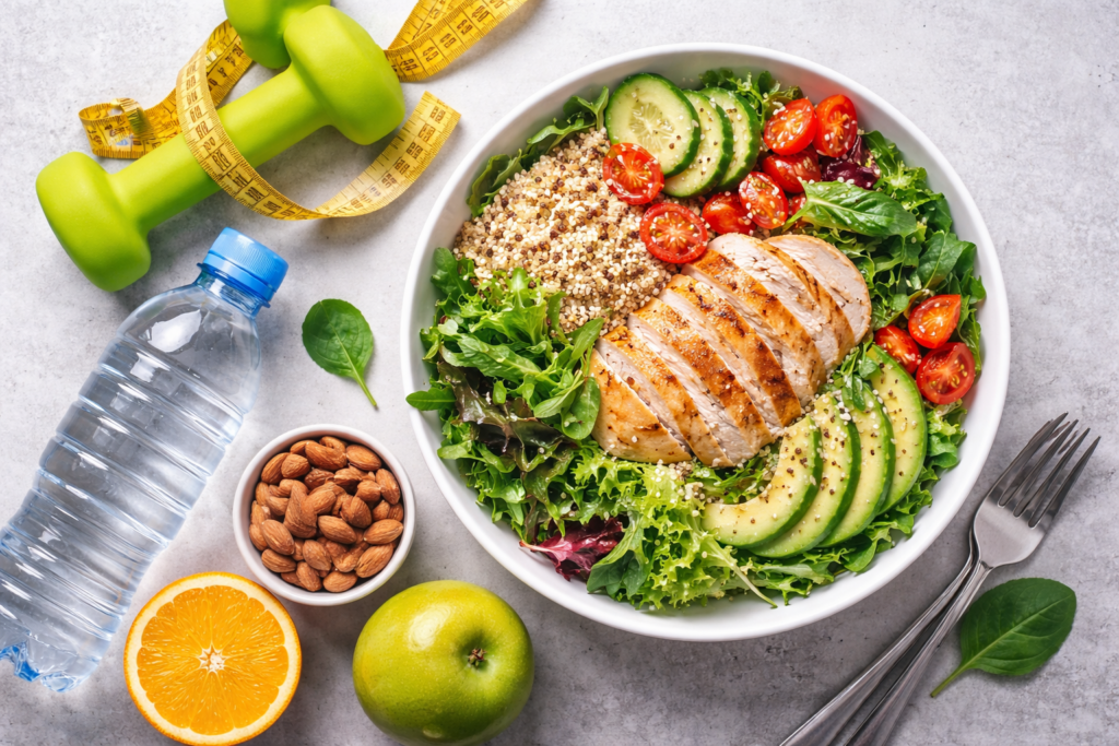 Healthy weight loss tips with balanced meal, vegetables, grilled chicken, water bottle and fitness equipment
