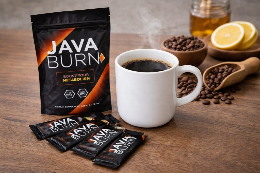 Java Burn supplement package and stick sachets next to a cup of black coffee on wooden table