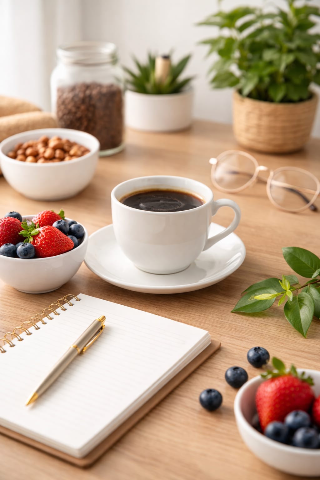 healthy morning routine with coffee and fruits for weight loss lifestyle