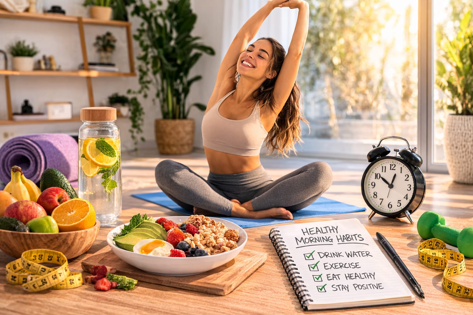 woman stretching during a healthy morning routine for weight loss