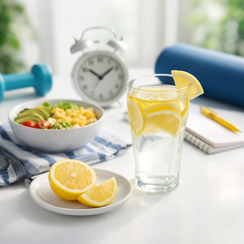 morning routine for weight loss with lemon water and healthy breakfast