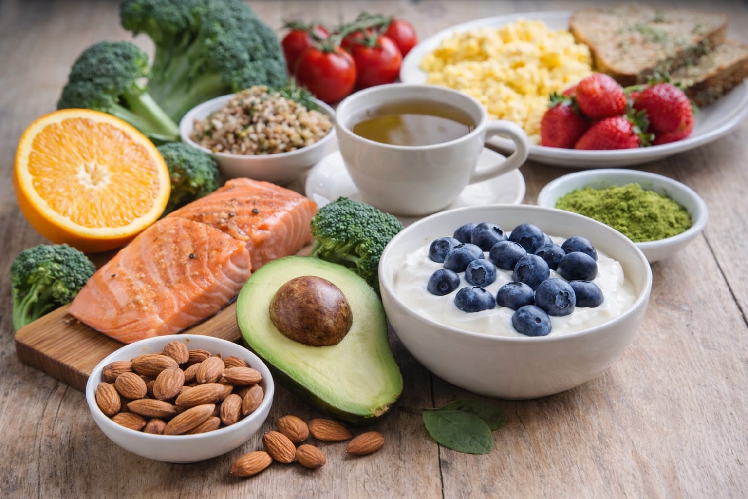 metabolism boosting foods including salmon avocado yogurt blueberries and healthy ingredients