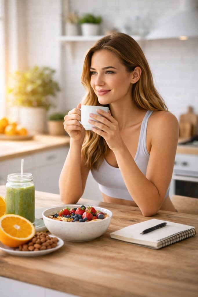 Healthy lifestyle with morning coffee, balanced breakfast and daily routine for weight loss support