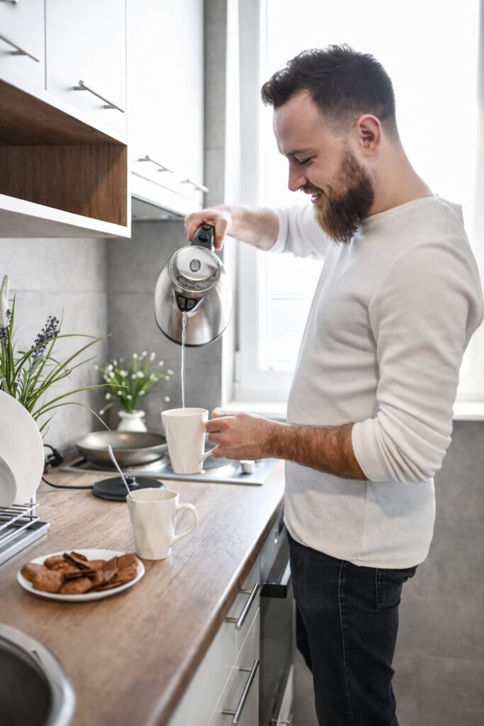 man preparing coffee with Java Burn supporting metabolism and belly fat loss