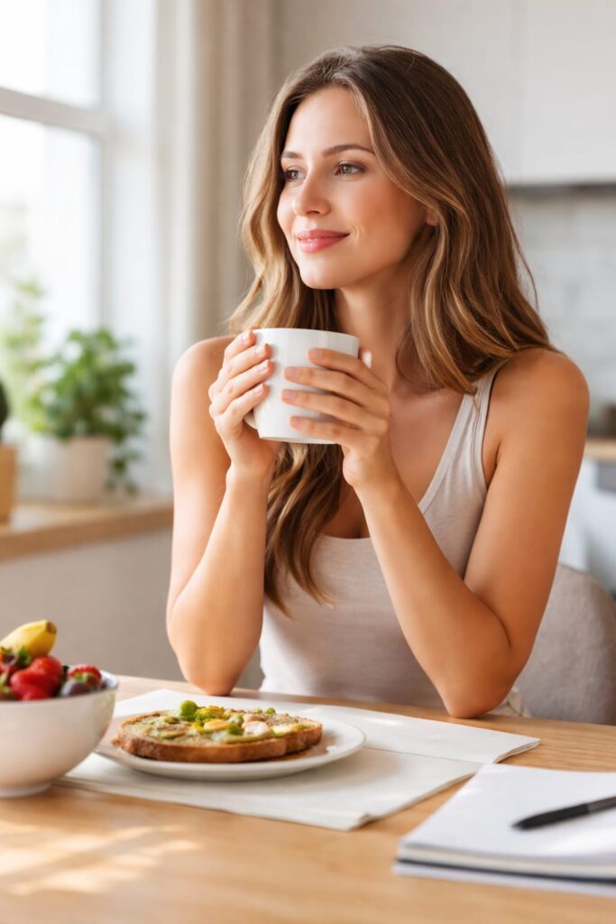 woman drinking coffee in the morning while struggling to lose belly fat with diet and exercise