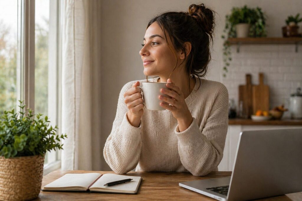 woman drinking coffee in the morning with Java Burn coupon code 2026 healthy routine metabolism support