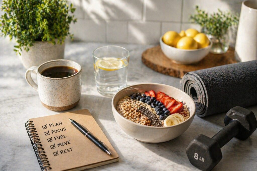 healthy breakfast bowl with fruits and coffee on table representing balanced lifestyle and daily routine