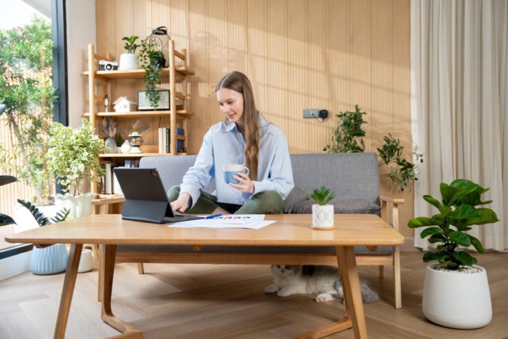 Woman researching Java Burn official website from home