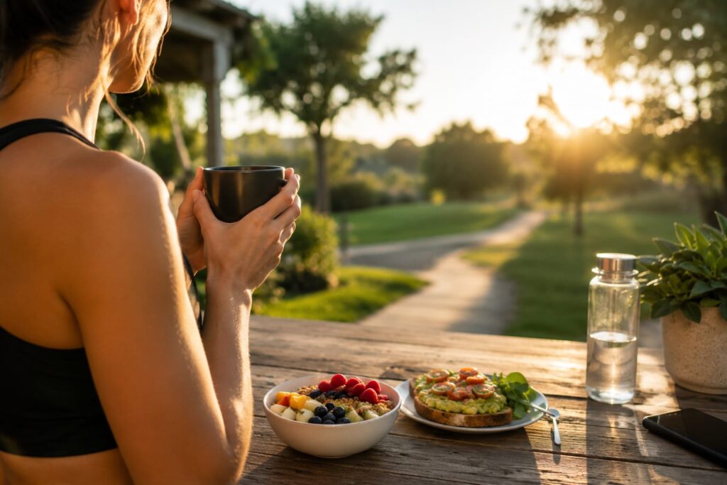 Healthy morning routine with coffee and balanced breakfast for weight loss lifestyle