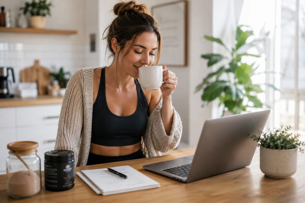 Woman drinking coffee while comparing weight loss supplement routines at home